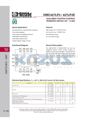 HMC427LP3E datasheet - GaAs MMIC POSITIVE CONTROL TRANSFER SWITCH, DC* - 8 GHz