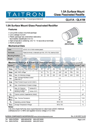 GL41B datasheet - 1.0A Surface Mount Glass Passivated Rectifier