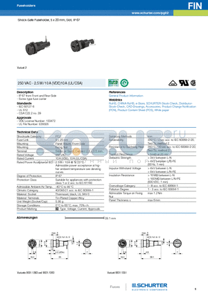 FIN datasheet - Shock-Safe Fuseholder, 5 x 20 mm, Slot, IP 67