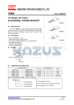 70N06-TF3-T datasheet - 70 Amps, 60 Volts N-CHANNEL POWER MOSFET