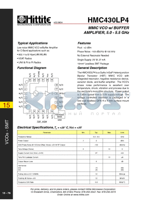 HMC430LP4 datasheet - MMIC VCO w/ BUFFER AMPLIFIER, 5.0 - 5.5 GHz