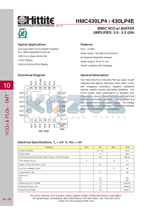 HMC430LP4 datasheet - MMIC VCO w/ BUFFER AMPLIFIER, 5.0 - 5.5 GHz