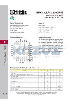 HMC430LP4E datasheet - MMIC VCO w/ BUFFER AMPLIFIER, 5.0 - 5.5 GHz