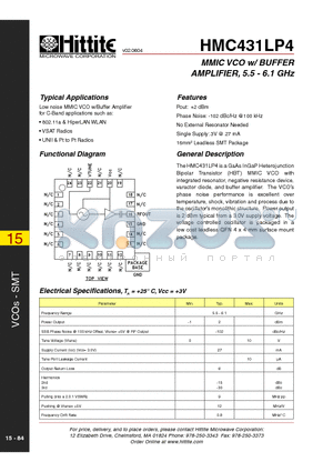 HMC431LP4 datasheet - MMIC VCO w/ BUFFER AMPLIFIER, 5.5 - 6.1 GHz