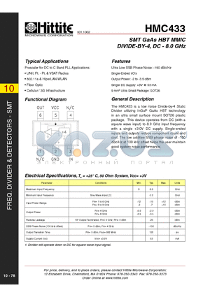 HMC433 datasheet - SMT GaAs HBT MMIC DIVIDE-BY-4, DC - 8.0 GHz