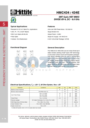 HMC434 datasheet - SMT GaAs HBT MMIC DIVIDE-BY-8, DC - 8.0 GHz