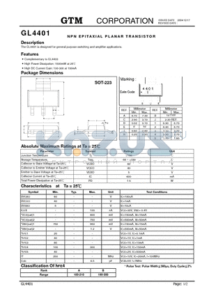 GL4401 datasheet - PNP EPITAXIAL PLANAR TRANSISTOR