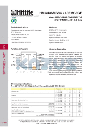 HMC436MS8G datasheet - GaAs MMIC DPDT DIVERSITY OR SP3T SWITCH, 4.9 - 5.9 GHz