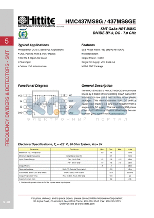 HMC437MS8G datasheet - SMT GaAs HBT MMIC DIVIDE-BY-3, DC - 7.0 GHz