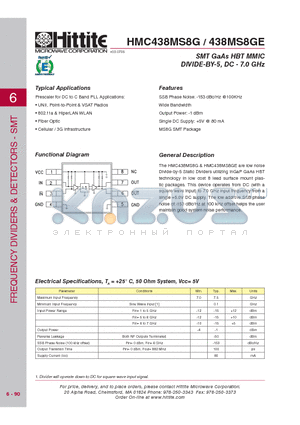 HMC438MS8G datasheet - SMT GaAs HBT MMIC DIVIDE-BY-5, DC - 7.0 GHz