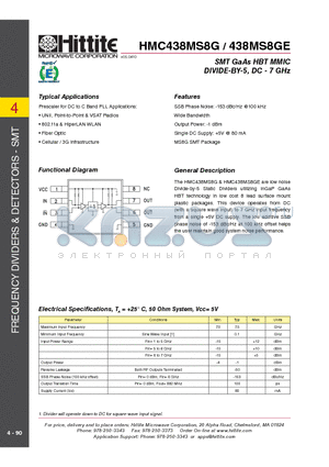 HMC438MS8GE datasheet - SMT GaAs HBT MMIC DIVIDE-BY-5, DC - 7 GHz