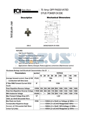 70TR10 datasheet - 70 Amp GPP PASSIVATED STUD POWER DIODE High Current Capability