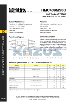 HMC438MS8G datasheet - SMT GaAs HBT MMIC DIVIDE-BY-5, DC - 7.0 GHz