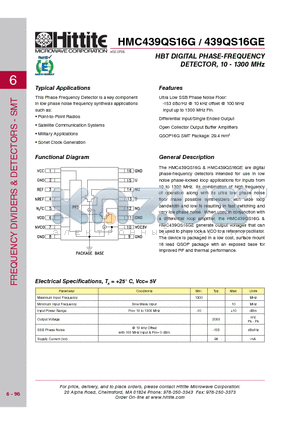HMC439QS16GE datasheet - HBT DIGITAL PHASE-FREQUENCY DETECTOR, 10 - 1300 MHz