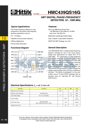 HMC439QS16G datasheet - HBT DIGITAL PHASE-FREQUENCY DETECTOR, 10 - 1300 MHz