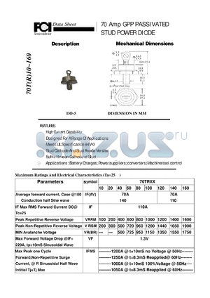 70TR60 datasheet - 70 Amp GPP PASSIVATED STUD POWER DIODE High Current Capability