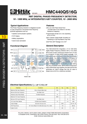 HMC440QS16G datasheet - HBT DIGITAL PHASE-FREQUENCY DETECTOR, 10 - 1300 MHz, w/ INTEGRATED 5-BIT COUNTER, 10 - 2800 MHz