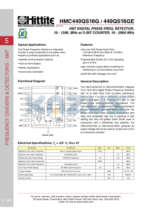 HMC440QS16G datasheet - HBT DIGITAL PHASE-FREQ. DETECTOR, 10 - 1300, MHz w/ 5-BIT COUNTER, 10 - 2800 MHz