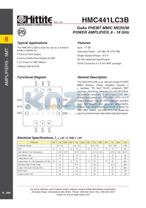 HMC441LC3B datasheet - GaAs PHEMT MMIC MEDIUM POWER AMPLIFIER, 6 - 18 GHz