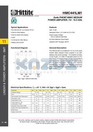 HMC441LM1 datasheet - GaAs PHEMT MMIC MEDIUM POWER AMPLIFIER, 7.0 - 15.5 GHz