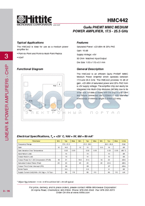 HMC442 datasheet - GaAs PHEMT MMIC MEDIUM POWER AMPLIFIER, 17.5 - 25.5 GHz