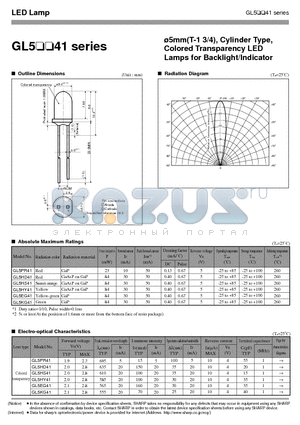 GL5HY41 datasheet - 5mm(T-1 3/4), Cylinder Type, Colored Transparency LED Lamps for Backlight/Indicator