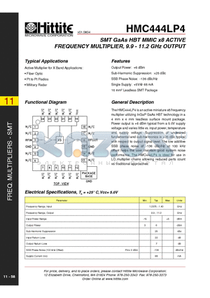 HMC444LP4 datasheet - SMT GaAs HBT MMIC x8 ACTIVE FREQUENCY MULTIPLIER, 9.9 - 11.2 GHz OUTPUT