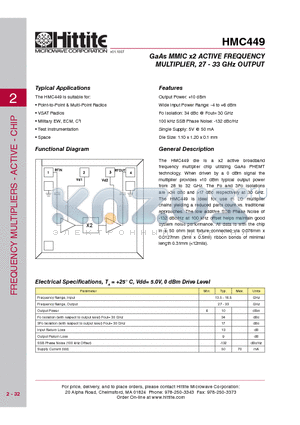 HMC449 datasheet - GaAs MMIC x2 ACTIVE FREQUENCY MULTIPLIER, 27 - 33 GHz OUTPUT