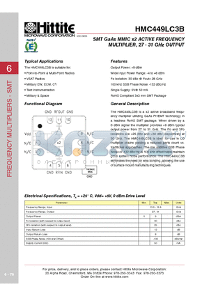 HMC449LC3B datasheet - SMT GaAs MMIC x2 ACTIVE FREQUENCY MULTIPLIER, 27 - 31 GHz OUTPUT