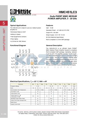 HMC451LC3 datasheet - GaAs PHEMT MMIC MEDIUM POWER AMPLIFIER, 5 - 20 GHz