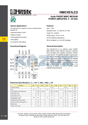 HMC451LC3 datasheet - GaAs PHEMT MMIC MEDIUM POWER AMPLIFIER, 5 - 20 GHz