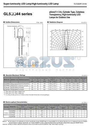 GL5UR44 datasheet - 5mm(T-1 3/4), Cylinder Type, Colorless Transparency, High-luminosity LED Lamps for Outdoor Use