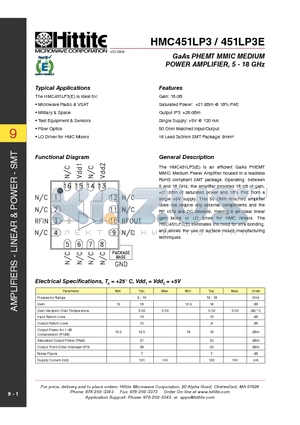 HMC451LP3E datasheet - GaAs PHEMT MMIC MEDIUM POWER AMPLIFIER, 5 - 18 GHz