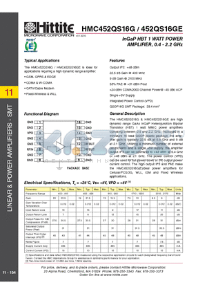 HMC452QS16GE datasheet - InGaP HBT 1 WATT POWER AMPLIFIER, 0.4 - 2.2 GHz