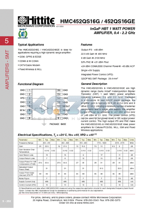 HMC452QS16G_06 datasheet - InGaP HBT 1 WATT POWER AMPLIFIER, 0.4 - 2.2 GHz