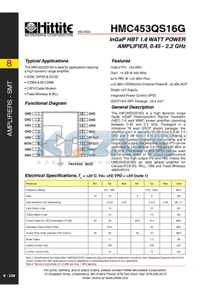 HMC453QS16G datasheet - InGaP HBT 1.6 WATT POWER AMPLIFIER, 0.45 - 2.2 GHz