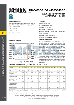 HMC453QS16G datasheet - InGaP HBT 1.6 WATT POWER AMPLIFIER, 0.4 - 2.2 GHz