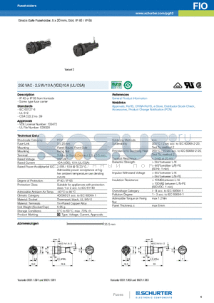 FIO datasheet - Shock-Safe Fuseholder, 5 x 20 mm, Slot, IP 40 / IP 65