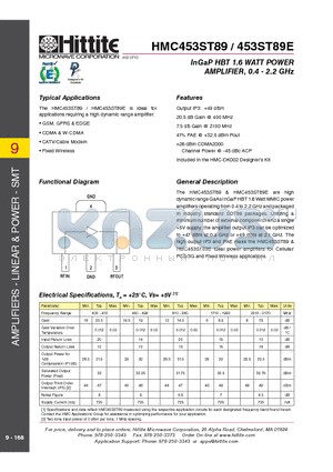 HMC453ST89_10 datasheet - InGaP HBT 1.6 WATT POWER AMPLIFIER, 0.4 - 2.2 GHz