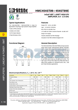 HMC454ST89E datasheet - InGaP HBT m WATT HIGH IP3 AMPLIFIER, 0.4 - 2.5 GHz