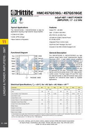 HMC457QS16G datasheet - InGaP HBT 1 WATT POWER AMPLIFIER, 1.7 - 2.2 GHz