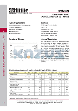 HMC459 datasheet - GaAs PHEMT MMIC POWER AMPLIFIER, DC - 18 GHz