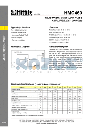 HMC460 datasheet - GaAs PHEMT MMIC LOW NOISE AMPLIFIER, DC - 20.0 GHz