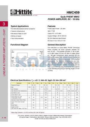 HMC459 datasheet - GaAs PHEMT MMIC POWER AMPLIFIER, DC - 18 GHz