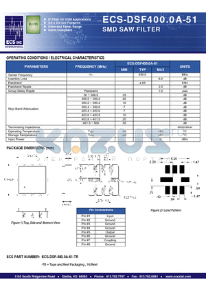 ECS-DSF400.0A-51 datasheet - SMD SAW FILTER