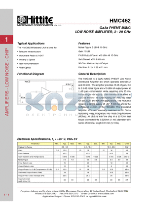 HMC462 datasheet - GaAs PHEMT MMIC LOW NOISE AMPLIFIER, 2 - 20 GHz