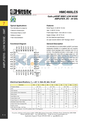 HMC460LC5 datasheet - GaAs pHEMT MMIC LOW NOISE AMPLIFIER, DC - 20 GHz