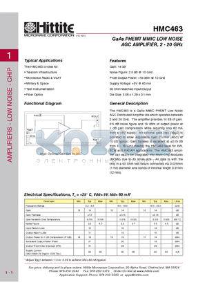 HMC463 datasheet - GaAs PHEMT MMIC LOW NOISE AGC AMPLIFIER, 2 - 20 GHz