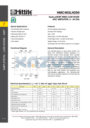 HMC463LH250 datasheet - GaAs pHEMT MMIC LOW NOISE AGC AMPLIFIER, 2 - 20 GHz