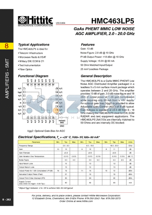 HMC463LP5 datasheet - GaAs PHEMT MMIC LOW NOISE AGC AMPLIFIER, 2.0 - 20.0 GHz